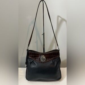 Brighton Black Pebbled Leather Shoulder Bag Brown Croc Trim